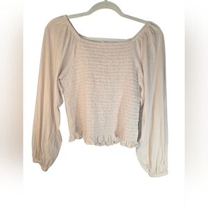 LOFT Champagne Smocked milkmaid Top Long Sleeve Babydoll Ruffle Hem 100% Cotton